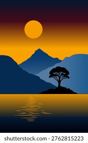 Golden sun hangs above dark mountains. Tree stands alone on rocky islet in calm waters. Reflections ripple softly across the surface. Deep blues and rich oranges create a peaceful mood