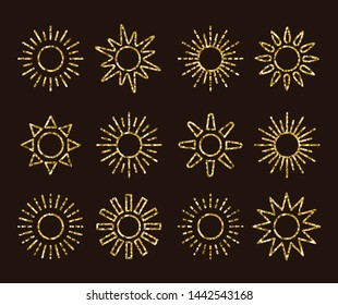 Golden sun icons with different rays. Gold summer symbols with mosaic texture. Thin line sunlight signs isolated on dark background. Vector illustration