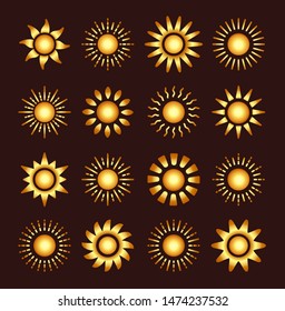 Golden sun icons with different rays. Gold summer symbols with gradient. Flat sunlight signs isolated on dark background. Vector illustration