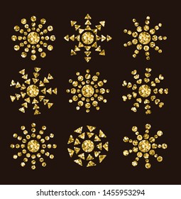 Golden sun icons with rays from circles, triangles. Gold summer symbols with mosaic texture. Flat sunlight signs isolated on dark background. Vector illustration