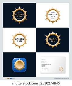 Logotipo e identidad de Golden Sun. Marco dorado con rayos y letras en el interior. Identidad, ícono del App, tarjeta de visita.