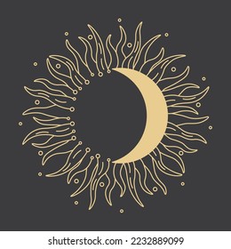 Golden Sun and Moon celestial vector drawing for decorative design. Partial solar eclipse abstract logo. Crescent moon with sunburst silhouette isolated on black background.