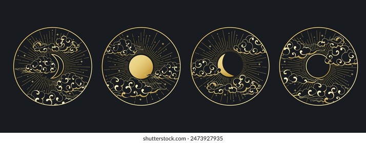 Golden sun moon cloud sky set. Decorative elements isolated on black background vector illustration