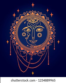 Golden sun and moon with faces and jewels, boho style vector illustration