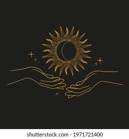 Golden sun and moon in hands. The mystical celestial symbol. Vector illustration on dark background