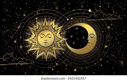 Golden sun and moon on black night sky background, mystical astrology banner, celestial tarot print for witch. Zodiac vector illustration, future prediction, horoscope.