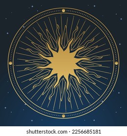 Golden sun and moon on a dark blue background. Vector illustration in vintage style