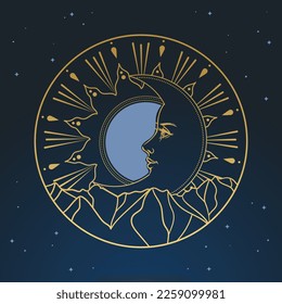 Sol dorado y luna sobre un fondo azul oscuro sobre las montañas. Ilustración vectorial en estilo vintage