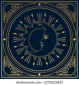 Golden sun and moon on a dark blue background. Vector illustration in vintage style