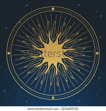 Golden sun and moon on a dark blue background. Vector illustration in vintage style