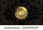 Golden sun and moon with round orbits, black mystical night sky with clouds and stars, mystical astrological background, heavenly tarot print for witch. Zodiac vector illustration, horoscope.