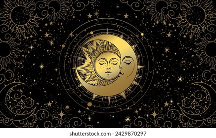 Golden sun and moon with round orbits, black mystical night sky with clouds and stars, mystical astrological background, heavenly tarot print for witch. Zodiac vector illustration, horoscope.