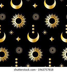 Golden sun, moon and stars esoteric seamless pattern vector art.