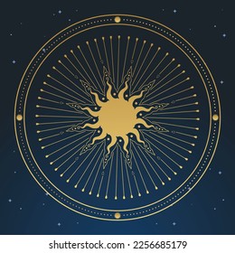 Golden sun on a dark blue background. Vector illustration in vintage style