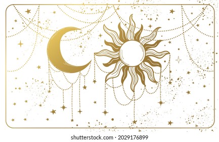 Sol dorado y luna creciente ornamentada sobre un fondo blanco. Banner mágico para astrología, tarot, adivinación, magia. El universo divino. Ilustración vectorial aislada por esotéricos.