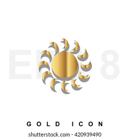 Golden Sun premium icon graphic web design element or logo template. Vector royal luxury symbol for business, internet, decoration. Modern abstract glittering metallic emblem