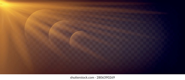 Golden Sun Rays Burst from Corner with Planet Silhouettes and Light Beams on Dark Transparent Background Vector