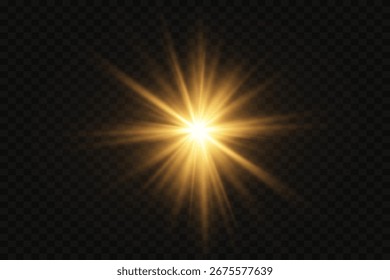 Golden sun rays flare effect, on transparent background.
