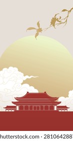 Golden sun sets behind ancient temple roof. Silhouetted branches drift across warm sky. Soft clouds swirl below the setting glow. Red earth grounds the serene architectural scene