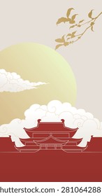 Golden sun sets behind cloud-filled sky. Red-tiled pagoda stands proud, framed in white. Branches with gold leaves drift above, serene. Soft tones evoke peace, tradition, and calm