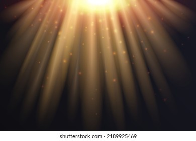 Golden sun shine, light effect vector illustration. Brigh yellow gold glory sunshine of sunbeams shining in radial flare, magic warm glimmer, energy explosion isolated on black background