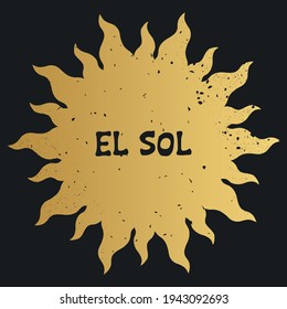 Golden sun silhouette with scratched texture on black background. Vector illustration