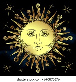 Golden sun and stars vector illustration. Hand drawn boho style fabric design, astrology, alchemy, magic