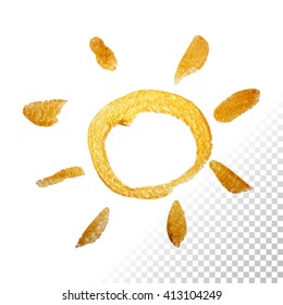 Golden sun. Stylized painted vector element for your design. Textured hand drawn sun.