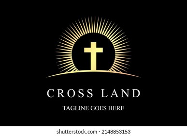 Golden Sun Sunset Sunrise with Jesus Christian Cross for Church Chapel Logo Design Vector