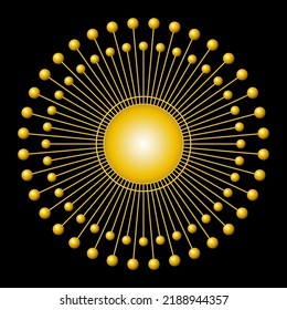 Golden sun symbol. Solar disk with 72 rays of light, with spheres on each end, around a golden circle in the center. Variations of this sign are also used for a solar monstrance or ostensorium. Vector