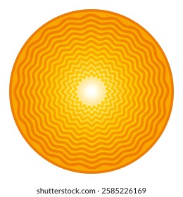 Golden sun symbol and solar disk with twelve serpentine lines. Bright, colorful and yellow-orange colored circle with bold snake-like sine waves. Isolated illustration on white background. Vector