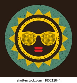 Golden sun with woman face in retro style. Vector illustration with glasses.