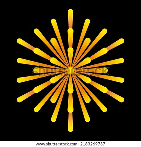 Golden sunbeams, symbol derived from the intersecting points of overlapping circles of a Flower of Life, connected with rays that appear like rays of the sun. Sacred Geometry. Illustration over black.
