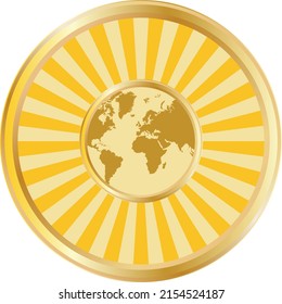 Golden sunburst effect with planet earth in the middle. Framed by a shiny gold border.