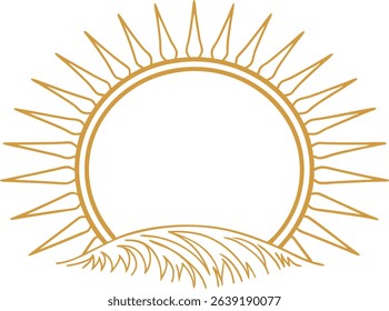 Golden sunburst frame with sunrise rays and stylized hill design in a minimal linear outline, ideal for organic branding, summer themes, nature invitations, and style prints.
