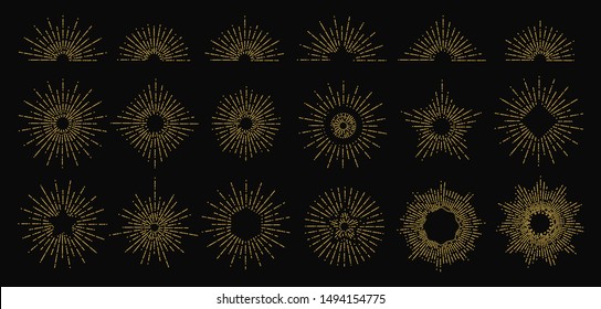 Golden sunburst. Vector radiant rays icons. Vintage sun flame elements. Hipster style doodle logo design