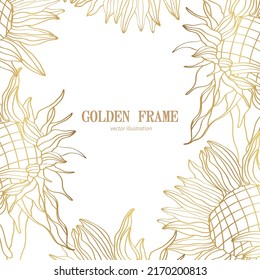 Golden sunflowers, leaves Background Illustration. Spring line flowers frame.  Summer time border frame. 