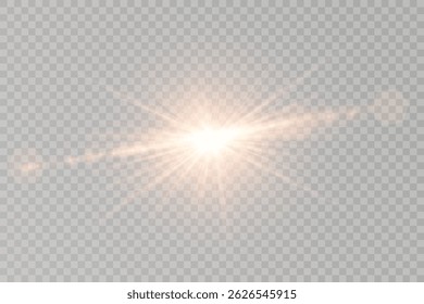 Golden sunlight beam glows on transparent clear canvas. Realistic light ray overlays enhance digital illustrations. Sun flare ring adds warmth and visual energy. Natural light transition softens edges
