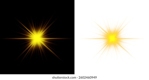  golden sunlight explosion effect with radiant flares, soft sparkles, and glowing bursts. Ideal for summer designs, nature scenes, abstract elegance, and bright vector visuals. Vector