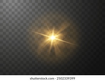 Goldene Sonnenlicht Blendung Effekt mit Halo-Strahlungs-Vektor realistische Illustration. Leuchtende Lichtstrahl-Fackel. Blendender Sonnenblitz, helle Strahlen, Sternenlicht einzeln auf transparentem Hintergrund