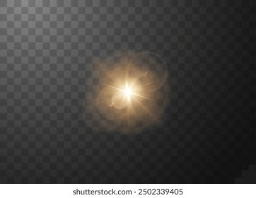 Goldene Sonnenlicht Blendung Effekt mit Halo-Strahlungs-Vektor realistische Illustration. Leuchtende Lichtstrahl-Fackel. Schillernder Sonnenschein, helle Strahlen, Sternenlicht mit unscharfem Hintergrund einzeln auf transparentem Hintergrund