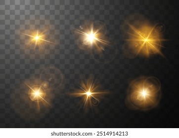 Golden sunlight glare effect with halo radiance vector realistic illustrations set. Shining light beam flare. Dazzling sun flash, bright rays starlight isolated on transparent background