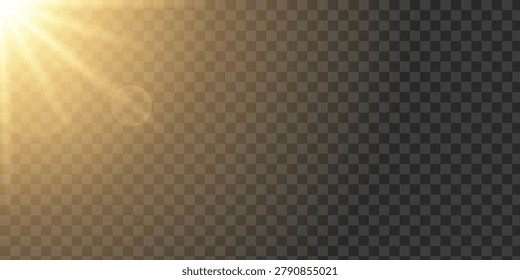 Golden sunlight lens flare effect with transparent background realistic glow illumination and radiant lighting overlay for creative design projects