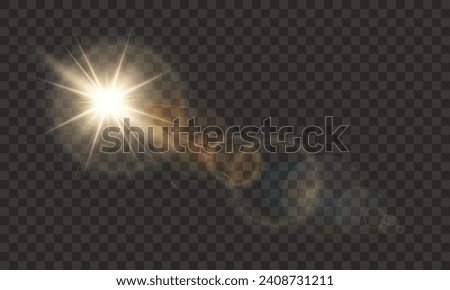 Golden sunlight lens flare, vector illustration on transparent background