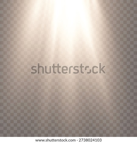 Golden sunlight rays with sparkling dust falling from top on transparent background. Ideal for spiritual themes, inspirational quote designs, wedding invitations, product highlights