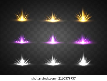 Golden sunlight special lens flash light effect. Light flare special effect with rays of light and magic white sparkles. Bright shine violet and blue star burst. Purple sun light explosion. Vector