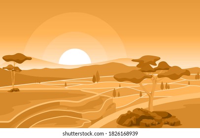 Golden Sunrise in Asian Rice Field Paddy Plantation Agriculture Illustration