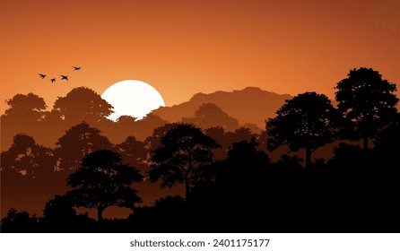 Golden sunset in forest with clear sky