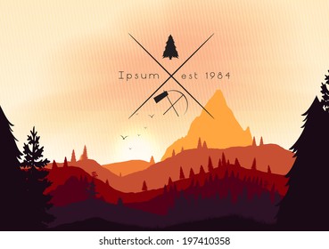 Golden Sunset Mountain Ridges and Pine Forest - Vector Illustration