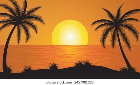 Golden sunset on the beach with palm trees. Summer sunset view